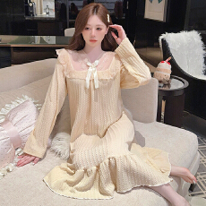 批发M-5XL 6535提花女秋季甜美<b class='q'>公主</b>风长袖中长<b class='q'>睡裙</b>加大码220斤家居服