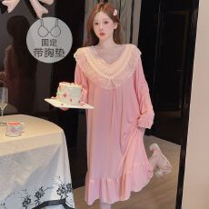批发<b class='q'>莫代尔</b>睡衣女春秋季公主风带胸垫长袖中长睡裙大码220斤胖M家居服