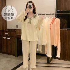 批发M-5XL云朵棉睡衣女春秋季甜美带胸垫长袖<b class='q'>长裤</b>加肥<b class='q'>大码</b>220斤家居服