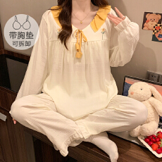 批发M-5XL云朵棉睡衣女春秋季甜美带胸垫长袖<b class='q'>长裤</b>加肥<b class='q'>大码</b>220斤家居服