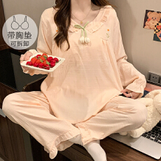 批发M-5XL云朵棉睡衣女春秋季甜美带胸垫长袖<b class='q'>长裤</b>加肥<b class='q'>大码</b>220斤家居服