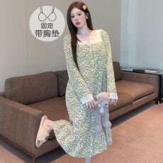 批发云朵棉睡衣女春<b class='q'>秋</b>季甜美公主风带胸垫中长睡裙加大码220斤家居服