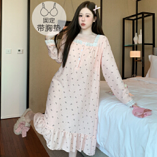 批发云朵棉睡衣女春<b class='q'>秋</b>季甜美公主风带胸垫中长睡裙加大码220斤家居服