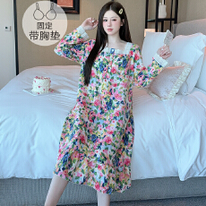 批发云朵棉睡衣女春<b class='q'>秋</b>季甜美公主风带胸垫中长睡裙加大码220斤家居服