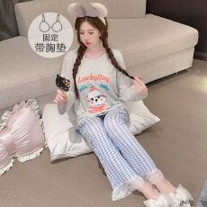 批发<b class='q'>莫代尔</b><b class='q'>睡衣</b>女春秋季休闲公主风带胸垫长袖长裤加大码220斤家居服