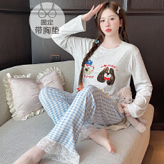 批发<b class='q'>莫代尔</b><b class='q'>睡衣</b>女春秋季休闲公主风带胸垫长袖长裤加大码220斤家居服