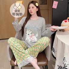 批发<b class='q'>莫代尔</b><b class='q'>睡衣</b>女春秋季休闲公主风带胸垫长袖长裤加大码220斤家居服