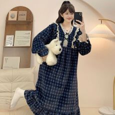 批发M-5XL法兰绒睡衣女冬季甜美长袖中长睡裙加肥大码240斤胖MM家居服