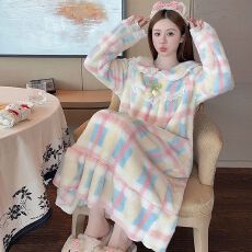批发M-5XL长毛绒睡衣女秋冬<b class='q'>甜美</b>公主风长袖中长睡裙加肥大码胖M家居服