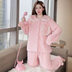 批发提花绒睡衣少女秋冬季甜美风开衫长袖长裤两件套家居服学生可外穿