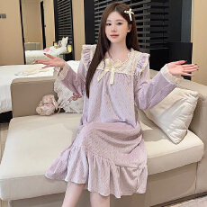批发海岛绒睡衣女<b class='q'>秋</b>冬季甜美公主风长袖中长睡裙加肥大码220斤家居服