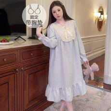 批发云朵棉睡衣女春<b class='q'>秋</b>季甜美公主风带胸垫中长睡裙加大码220斤家居服