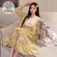 批发云朵棉睡衣女春<b class='q'>秋</b>季甜美公主风带胸垫中长睡裙加大码220斤家居服