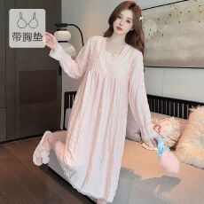批发云朵棉睡衣女春<b class='q'>秋</b>季甜美带胸垫长袖中长睡裙加肥大码220斤家居服