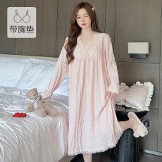 批发M-5XL云朵棉睡衣女春秋季甜美带胸垫长袖中长睡裙大码220斤家居服