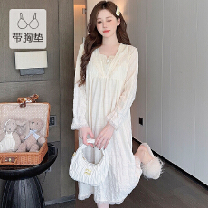 批发M-5XL云朵棉睡衣女春秋季甜美带胸垫长袖中长睡裙大码220斤家居服