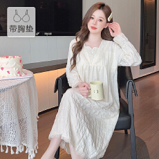 批发云朵棉睡衣女春<b class='q'>秋</b>季甜美带胸垫长袖中长睡裙加肥大码220斤家居服