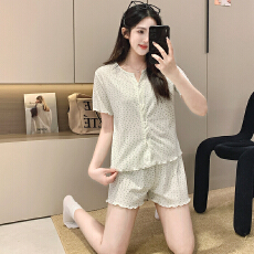 批发6535棉睡衣少女夏季甜美ins风<b class='q'>碎花</b>开衫短袖短<b class='q'>裤</b>两件套家居服外穿