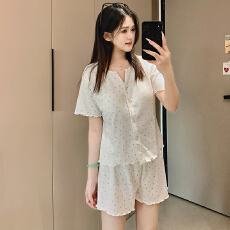 批发6535棉睡衣少女夏季甜美ins风<b class='q'>碎花</b>开衫短袖短<b class='q'>裤</b>两件套家居服外穿