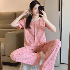 批发6535棉睡衣少女夏季甜美ins风<b class='q'>碎花</b>开衫短袖长<b class='q'>裤</b>两件套家居服外穿