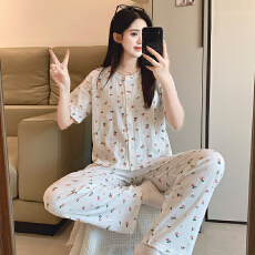 批发6535棉睡衣少女夏季甜美ins风<b class='q'>碎花</b>开衫短袖长<b class='q'>裤</b>两件套家居服外穿