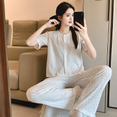 批发6535棉睡衣少女夏季甜美ins风<b class='q'>碎花</b>开衫短袖长<b class='q'>裤</b>两件套家居服外穿