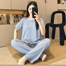 批发6535棉睡衣少女夏季甜美ins风<b class='q'>碎花</b>开衫短袖长<b class='q'>裤</b>两件套家居服外穿