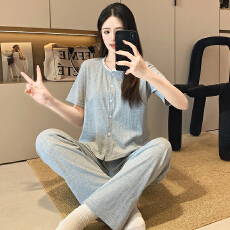 批发6535棉睡衣少女夏季甜美ins风<b class='q'>碎花</b>开衫短袖长<b class='q'>裤</b>两件套家居服外穿