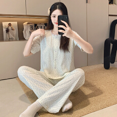 批发6535棉睡衣少女夏季甜美ins风<b class='q'>碎花</b>开衫短袖长<b class='q'>裤</b>两件套家居服外穿