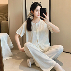 批发6535棉睡衣少女夏季甜美ins风<b class='q'>碎花</b>开衫短袖长<b class='q'>裤</b>两件套家居服外穿