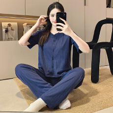 批发6535棉睡衣少女夏季甜美ins风<b class='q'>碎花</b>开衫短袖长<b class='q'>裤</b>两件套家居服外穿