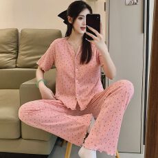 批发6535棉睡衣少女夏季甜美ins风<b class='q'>碎花</b>开衫短袖长<b class='q'>裤</b>两件套家居服外穿