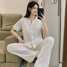 批发6535棉睡衣少女夏季甜美ins风<b class='q'>碎花</b>开衫短袖长<b class='q'>裤</b>两件套家居服外穿