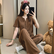 批发6535棉睡衣少女夏季甜美ins风<b class='q'>碎花</b>开衫短袖长<b class='q'>裤</b>两件套家居服外穿