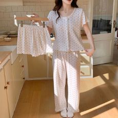 批发6535棉睡衣女春夏季甜美<b class='q'>碎花</b>开衫短袖短<b class='q'>裤</b>长<b class='q'>裤</b>三件套家居服可外穿