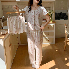 批发6535棉睡衣女春夏季甜美<b class='q'>碎花</b>开衫短袖短<b class='q'>裤</b>长<b class='q'>裤</b>三件套家居服可外穿