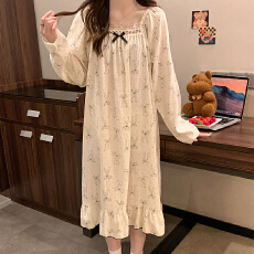 批发云朵棉睡衣女春秋季甜美公主风长袖中长睡裙加肥大码220斤家居服