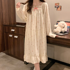 批发云朵棉睡衣女春秋季甜美公主风长袖中长睡裙加肥大码220斤家居服