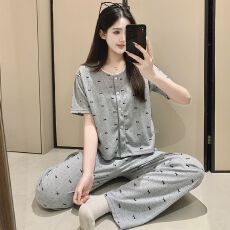 批发6535棉睡衣少女春夏季甜美ins风短袖开衫长裤两件套家居服可外穿