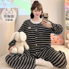 色织布睡衣女春秋季甜美带胸垫开衫长袖长裤加肥大码220斤家居服