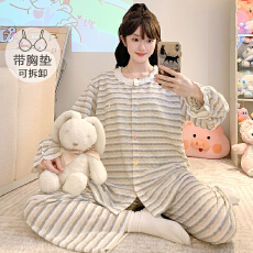 色织布睡衣女春秋季甜美带胸垫开衫长袖长裤加肥大码220斤家居服