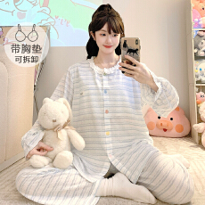 色织布睡衣女春秋季甜美带胸垫开衫长袖长裤加肥大码220斤家居服
