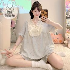 批发云朵棉<b class='q'>睡衣</b>女夏季甜美公主风带胸垫<b class='q'>短袖</b>短裤加肥大码220斤家居服