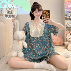 批发云朵<b class='q'>棉</b><b class='q'>睡衣</b>女夏季甜美公主风带胸垫短袖短裤加肥大码220斤家居服