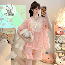批发云朵<b class='q'>棉</b><b class='q'>睡衣</b>女夏季甜美公主风带胸垫短袖短裤加肥大码220斤家居服