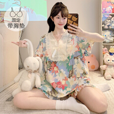 批发云朵<b class='q'>棉</b><b class='q'>睡衣</b>女夏季甜美公主风带胸垫短袖短裤加肥大码220斤家居服