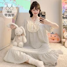 批发云朵<b class='q'>棉</b><b class='q'>睡衣</b>女夏季公主风带胸垫短袖中长睡裙大码220斤胖MM家居服