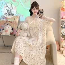 批发云朵<b class='q'>棉</b><b class='q'>睡衣</b>女夏季公主风带胸垫短袖中长睡裙大码220斤胖MM家居服