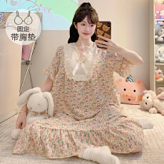 批发云朵<b class='q'>棉</b><b class='q'>睡衣</b>女夏季公主风带胸垫短袖中长睡裙大码220斤胖MM家居服