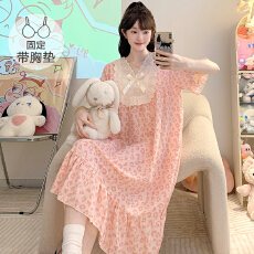 批发云朵<b class='q'>棉</b><b class='q'>睡衣</b>女夏季公主风带胸垫短袖中长睡裙大码220斤胖MM家居服
